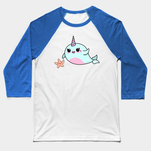 Cute Narwhal and Starfish Baseball T-Shirt by Pendientera